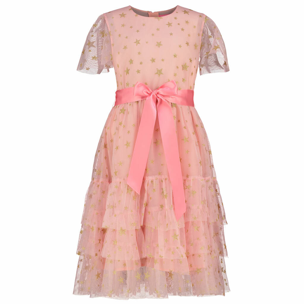 Flower Girls Dress Pink And Gold Star Ruffle Tulle, 1 of 3
