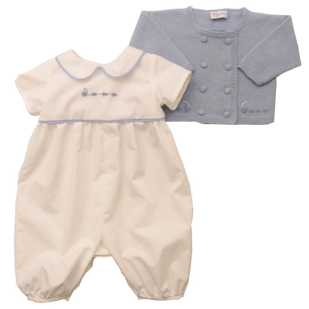 hand made cotton trains romper and cashmere jacket set by sue hill