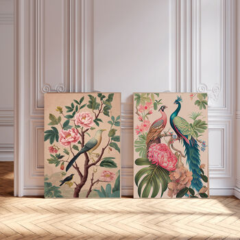 Set Of Two Chinoiserie Floral Dusky Pink Bird Art Prints, 2 of 4