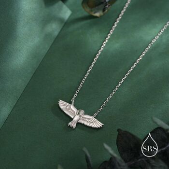 Flying Barn Owl Pendant Necklace In Sterling Silver, 2 of 12