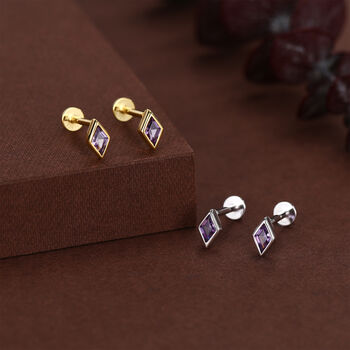 Sterling Silver Amethyst Purple Cz Rhombus 16 G Flat Back Labret Earrings, 3 of 11