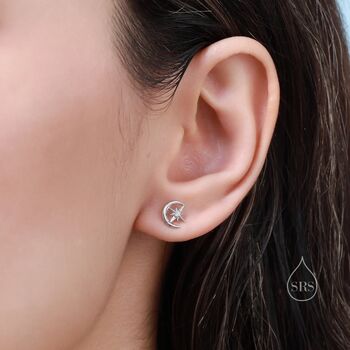Delicate Moon And Star Stud Earrings In Sterling Silver, 4 of 10