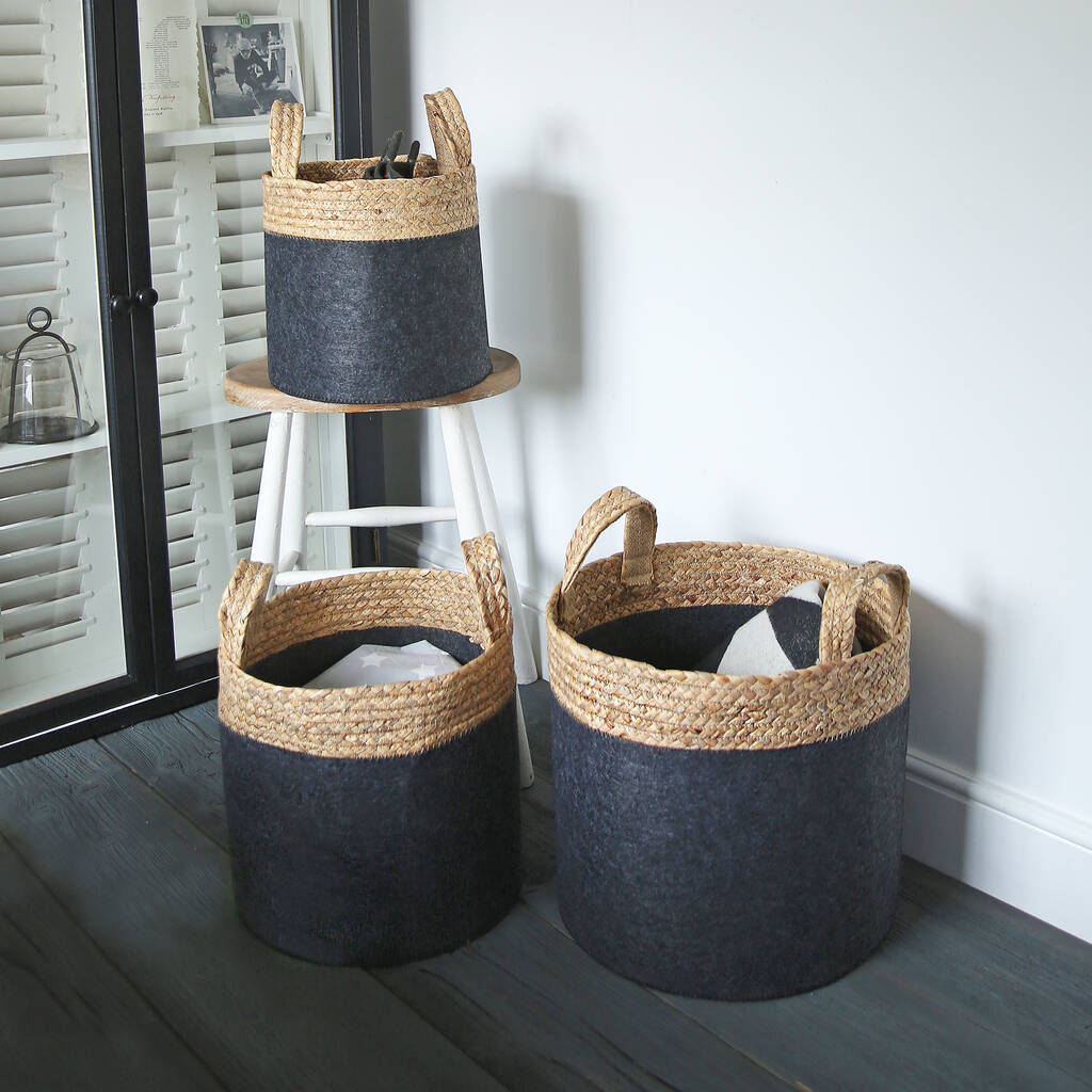 Charcoal Felt Basket With Water Hyacinth