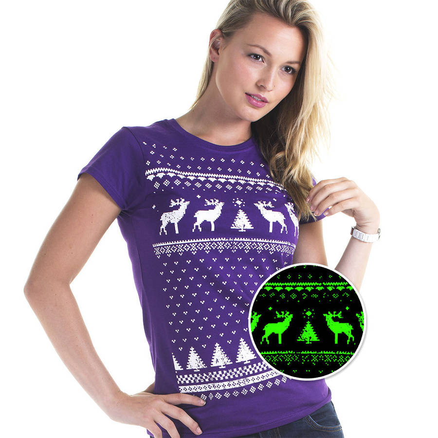 Womens Christmas Reindeer Glow In The Dark Tshirt, 1 of 9