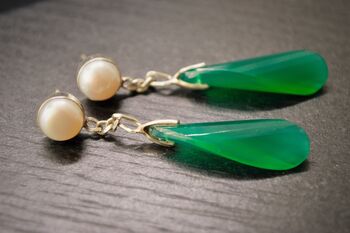 Green Onyx, Pearl Sterling Silver Earrings, 2 of 4