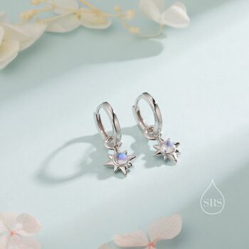 Moonstone Starburst Huggie Hoop Earrings In Sterling Silver, 3 of 11
