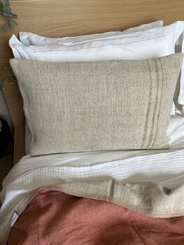 Oblong, Natural, Hemp, Neutral, Woven, Grain Sack, Striped Cushion With Cotton Reverse Brown Stripes To Right Edge, 4 of 5
