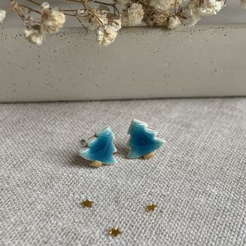 Tiny Turquoise Christmas Tree Ceramic Earrings, 2 of 10