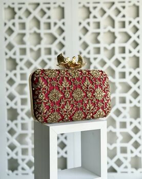 Delhi Flower Clasp Dark Red Silk Clutch | Bridal Evening Bag, 5 of 6