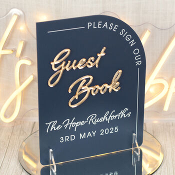 Modern Arch Sign Our Guest Book Wedding Acrylic Sign, 2 of 6