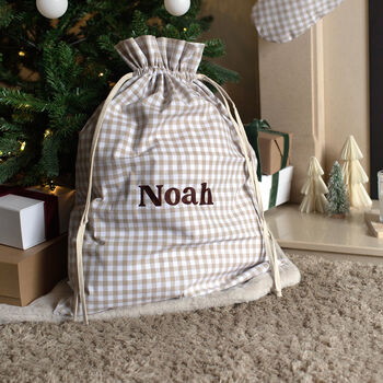 Personalised Beige Gingham Gift Sack Embroidered, 2 of 8