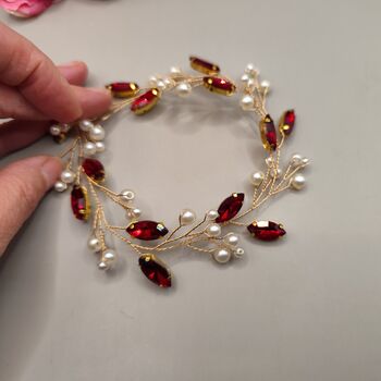 Red Crystal And Pearl Bridal Hair Vine, 5 of 11