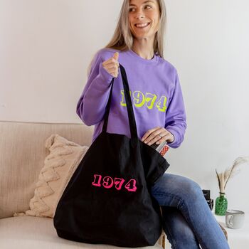 Black Neon Year Of Birth Embroidered Tote Bag, 2 of 3