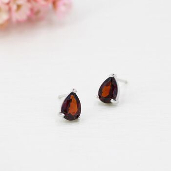 Sterling Silver Genuine Garnet Droplet Stud Earrings, 2 of 10