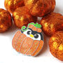 Pumpkin Penguin Enamel Pin: Glitter Halloween Badge, thumbnail 6 of 6