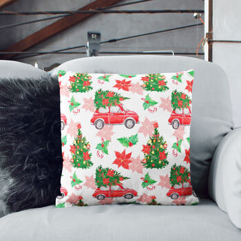 Nostalgic Red Car With Pine Tree Christmas Chenille Cushion, 3 of 12