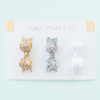 Three Mini Glitter Hair Bow Clips, 2 of 3