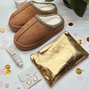 Cosy Self Care Gift For Mum – Slippers, Gold Earrings, Makeup Bag And Hand Cream, 3 of 11