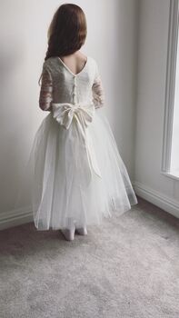 Long Sleeve Flower Girl Dress – Pearl Buttons And Tulle Skirt Ankle Length, Handmade UK, 7 of 8