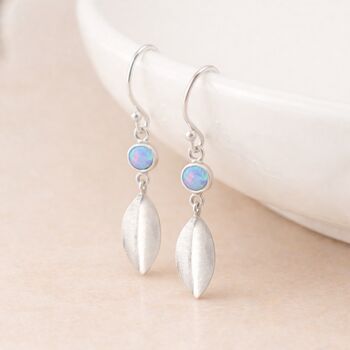 Sterling Silver Blue Opal Leaf Drop Earrings, 2 of 3