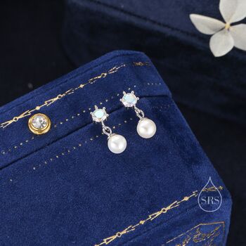 Sterling Silver Aurora Ab Crystal With Dangling Pearl Earrings, 3 of 12