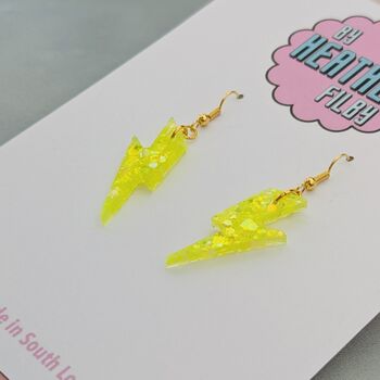 Neon Yellow Glitter Lightning Bolt Earrings Small And Large, 6 of 10