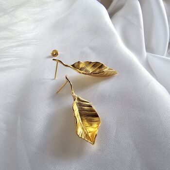 Textured Leaf Stud Earrings In 16 K Gold And 925 Sterling Silver, 7 of 12