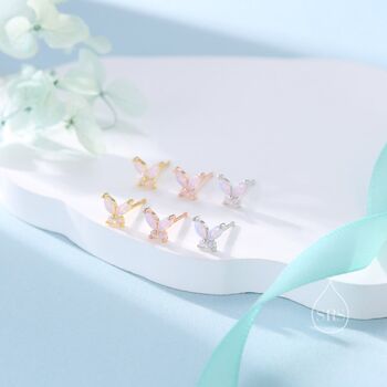 Sterling Silver Opal Pink Cz Butterfly Stud Earrings, 7 of 12