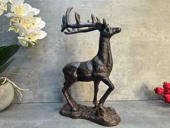 33cm Heavy Cast Iron Deer Figurine Standing Stag On Plinth, 5 of 9
