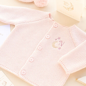 Personalised Luxury Baby Cardigan With Embroidered Moon And Stars Initial, 2 of 11