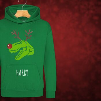 Rudolphasaurus Rex Dinosaur Personalised Kids Christmas Jumper Hoodie, 5 of 12