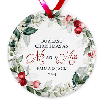 Last Christmas As Mr And Miss Personalised Ceramic Tree Decoration, 2 of 2