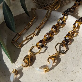 Ginger Tortoiseshell And Gold Paperclip Small Hexagon Glasses Chain, 2 of 6