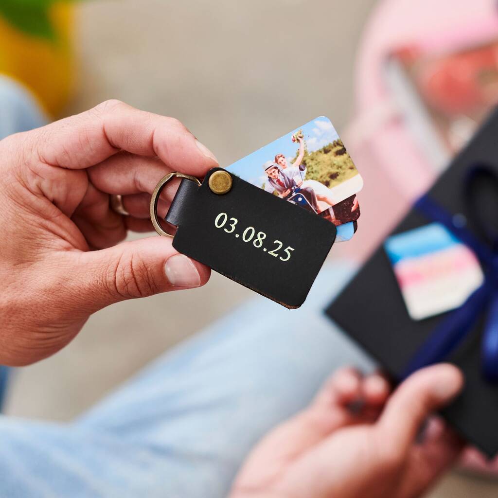 Personalised Leather Keyring With Four Metal Photo Cards With Hot Stamped Name, Date Or Initials, 1 of 4