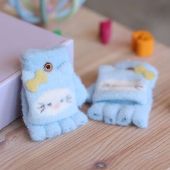 Adorable Blue Fleece Baby Gloves With Mitten Caps – Cute Kitten Design, 3 of 7