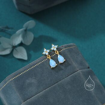 Sterling Silver Four Cz And Droplet Stud Earrings With Opal Blue C Zs, 5 of 12