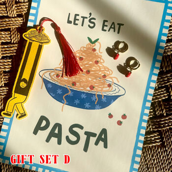 Pasta Gift Sets For Carb Lovers And Foodies – “Let’s Eat Pasta” And “Love You More Than Pasta” A4 Art Prints, Tomato Charm Earrings, Bookmark And Greeting Card, 5 of 12