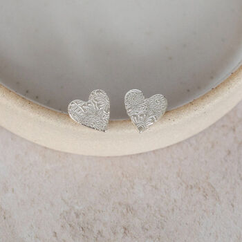 Sterling Silver Textured Heart Studs, 6 of 8