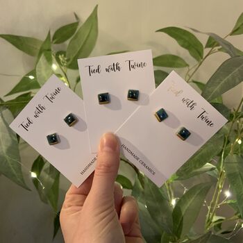 Green Blue Gold Detail Crackle Glaze Square Studs, 2 of 10