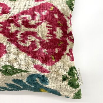 Oblong Velvet Ikat Cushion Pink And Green Modern, 5 of 9