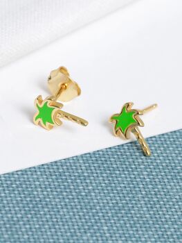 18 K Gold Plated Green Enamel Palm Tree Studs, 4 of 8