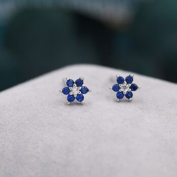 Sapphire Blue Cz Flower Stud Earrings Sterling Silver, 2 of 12