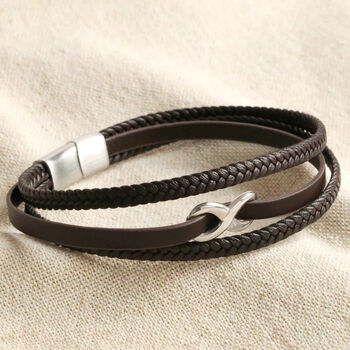 Men's Brown Leather Stainless Steel Infinity Bracelet, 2 of 4