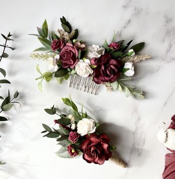 Burgundy And White Floral Hair Comb, 2 of 4