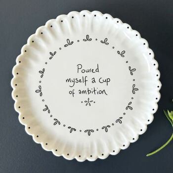 East Of India Porcelain Scallop Coaster Gift With Wording 'Poured Myself A Cup Of Ambition', 2 of 3