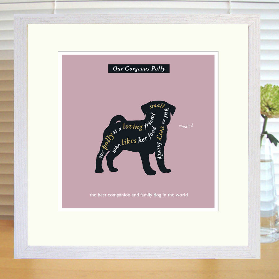 Personalised Pug Lover s Print in musk red in white frame