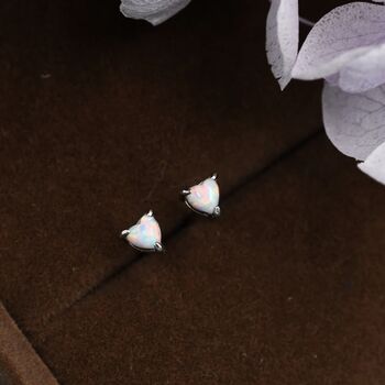 Sterling Silver Tiny White Opal Heart Stud Earrings, 2 of 9