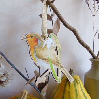 Robin And Snowdrop Wooden Hanging Decoration, 10 of 11
