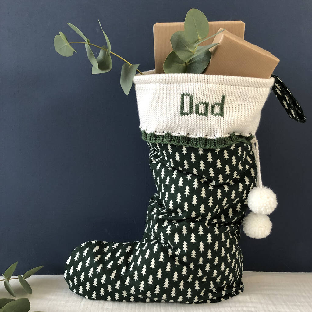 Personalised Green Christmas Stocking With Knitted Cuff, 1 of 5