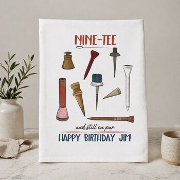 Personalised Nine Tee Tea Towel 90th Birthday Gift For Golfers, 2 of 9